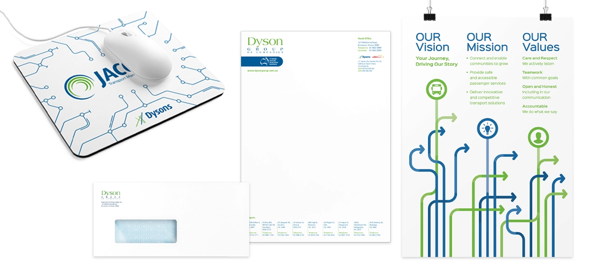 Dysons mouse pad, stationery and poster